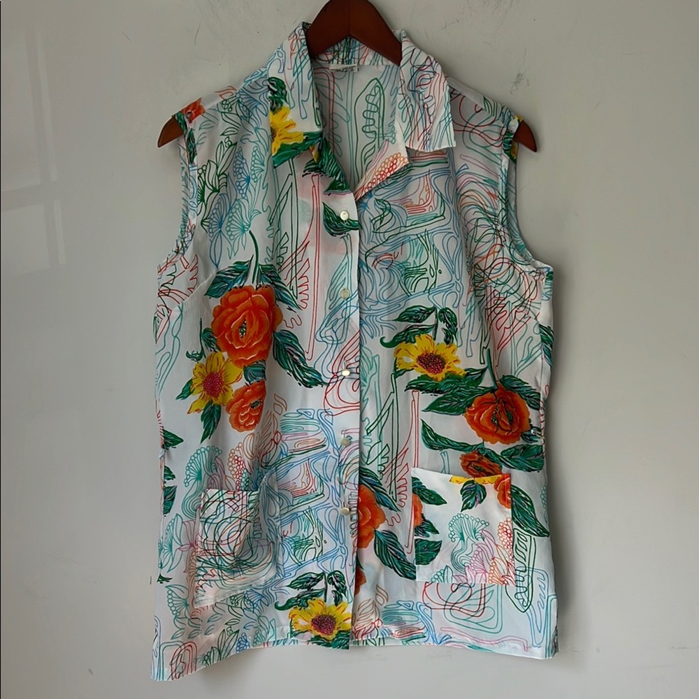Vintage Mod Floral Sleeveless Women's Top Resortwear Vacation Sz 38 US 6 ^